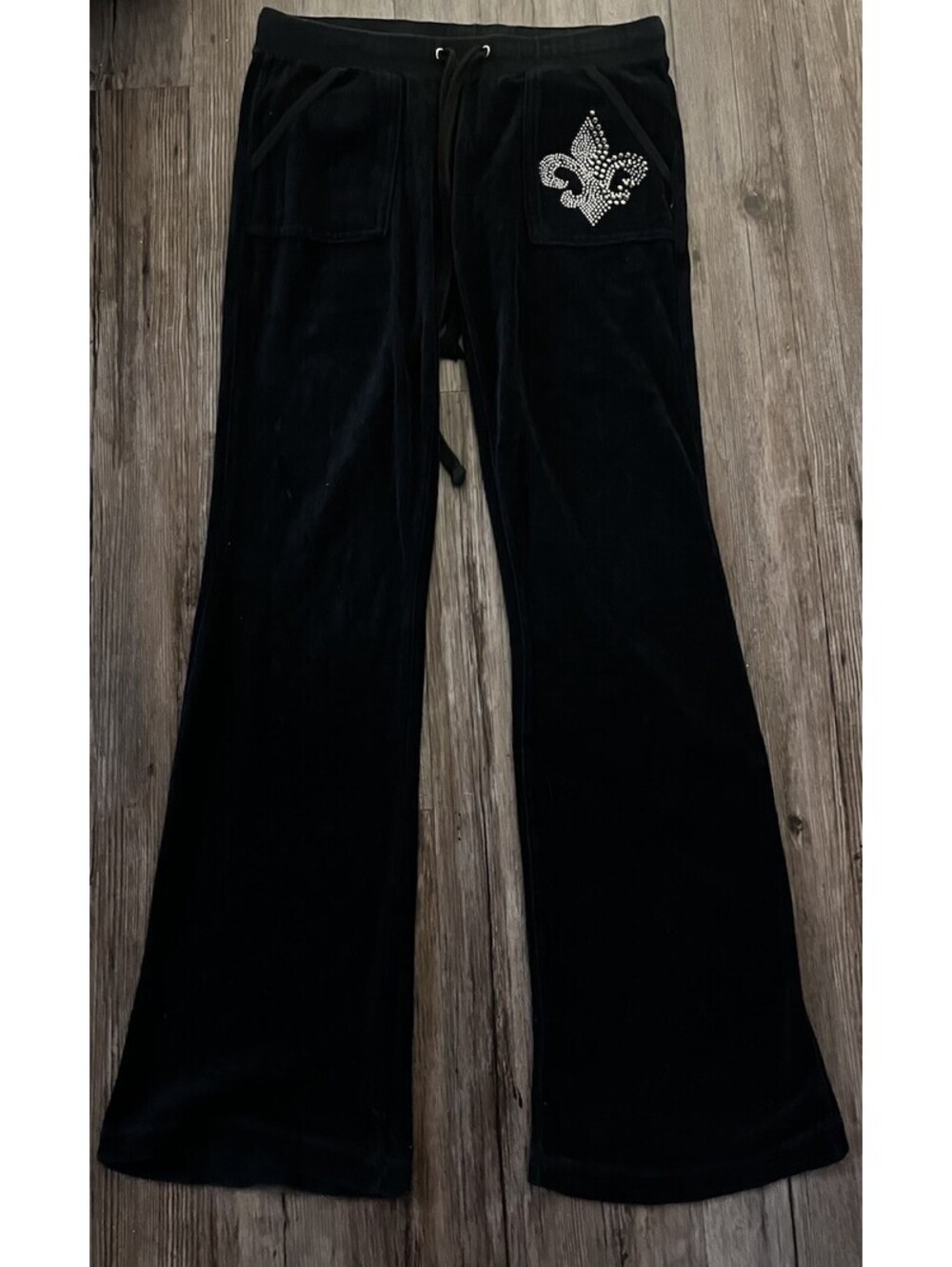 Y2K Pegasus Black Velour Flared Fleur-De-Lis Track Pants S